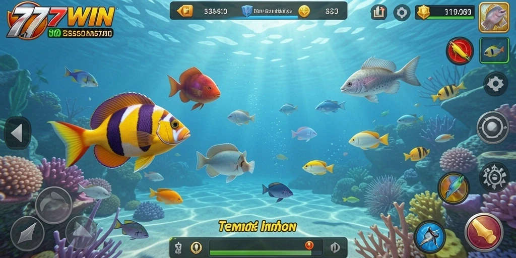 Screenshot utama game Tembak Ikan 777WIN menampilkan aksi menembak di bawah laut.