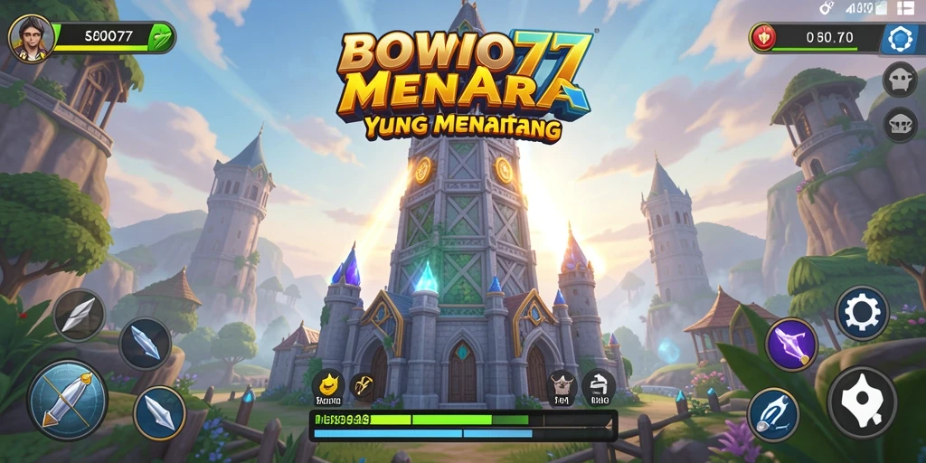 Tampilan gameplay BOWO77 yang menampilkan pertahanan menara yang dinamis.