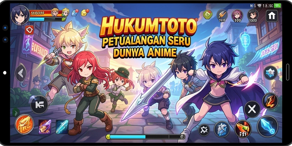 Screenshot gameplay HUKUMTOTO yang penuh aksi dan karakter anime.